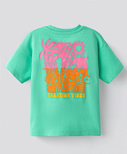 Cotton Knit Half Sleeves T-Shirt & Shorts Set With Sea Life Text Print - Light Green