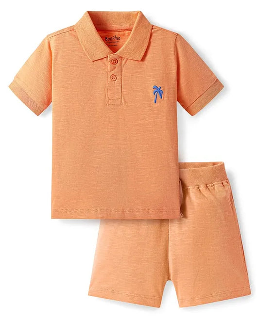 100% Cotton Knit Half Sleeves Polo T-Shirt & Shorts Set With Tree Embroidery - Peach