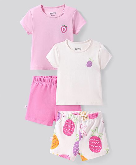 100% Cotton Half Sleeves Shorts Night Suit With Tropical Print Pack Of 2 - Light Pink & White