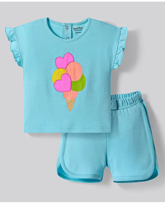 100% Cotton Knit Frill Sleeves Top & Shorts Set with Ice Cream & Hearts 3D Embroidery - Light Blue