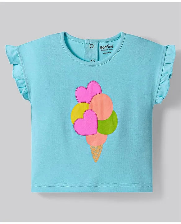 100% Cotton Knit Frill Sleeves Top & Shorts Set with Ice Cream & Hearts 3D Embroidery - Light Blue