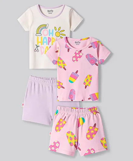 100% Cotton Printed Half Sleeves Shorts Set Pack of 2 - Vanilla Ice/Ballerina