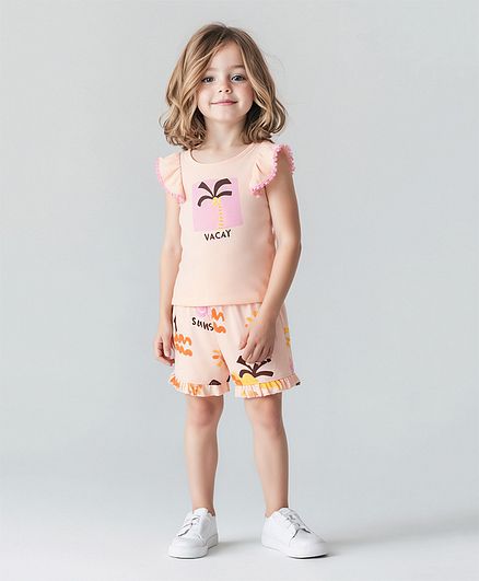 100% soft cotton - Sunshine Printed T-Shirt & Shorts Set - Peach