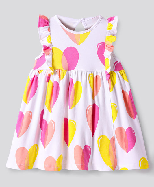 100% Cotton All Over Printed Sleeveless Dress with pink and yellow hearts- White/Pink