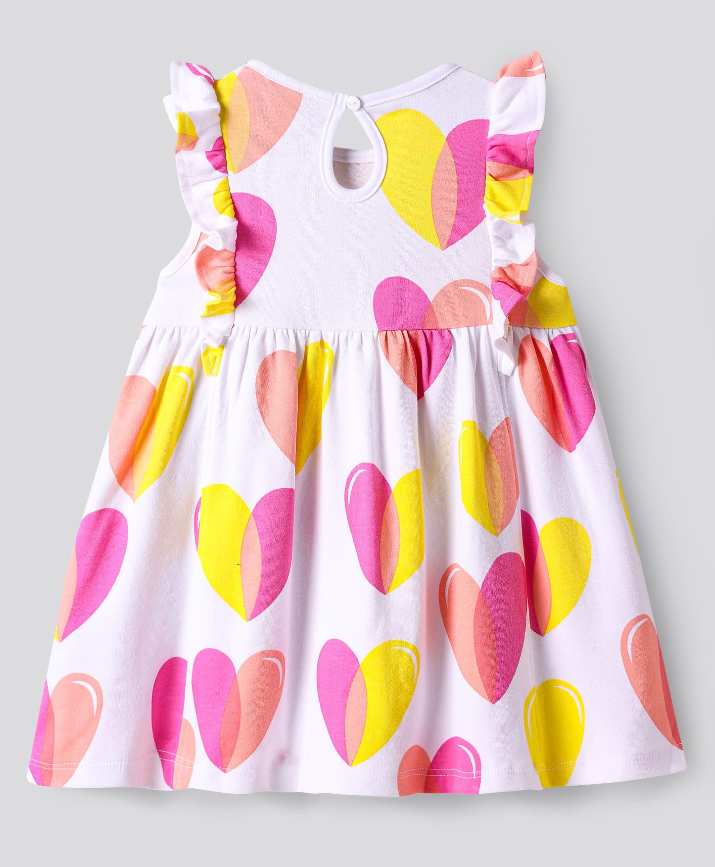 100% Cotton All Over Printed Sleeveless Dress with pink and yellow hearts- White/Pink
