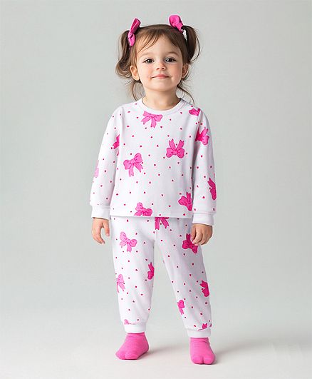 100% Cotton Knit Full Sleeves Night Suit With Bow & Heart Print - White