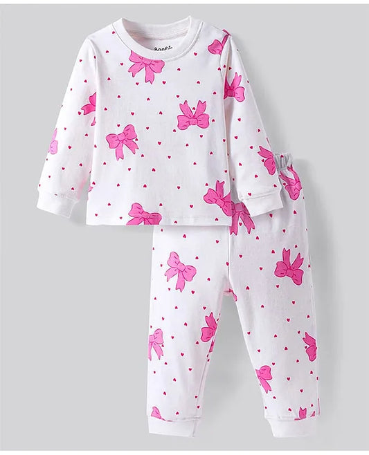 100% Cotton Knit Full Sleeves Night Suit With Bow & Heart Print - White