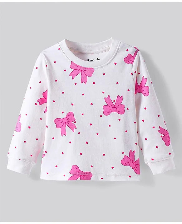 100% Cotton Knit Full Sleeves Night Suit With Bow & Heart Print - White