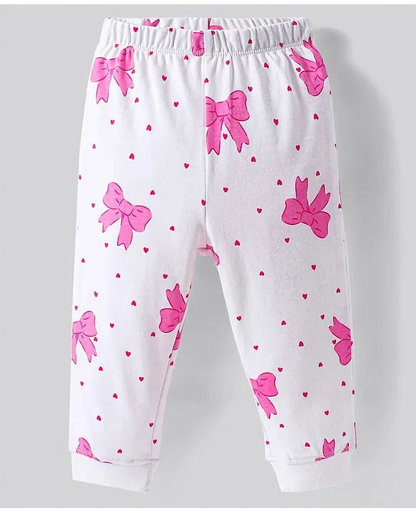 100% Cotton Knit Full Sleeves Night Suit With Bow & Heart Print - White