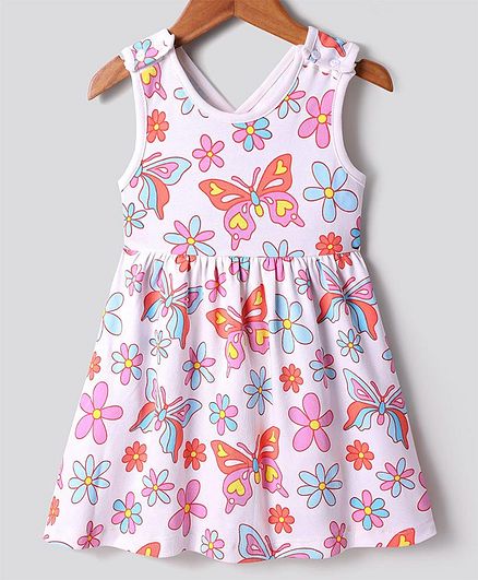 100% Cotton Knit Sleeveless Dress with Floral & Butterfly Print - Multicolor
