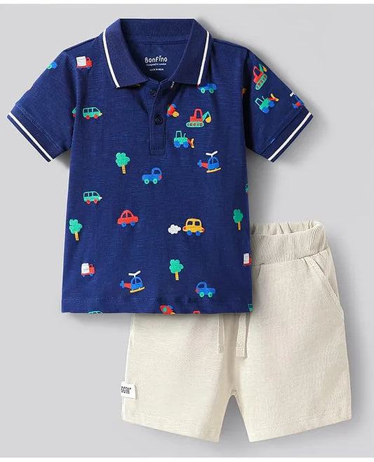 100% Cotton Knit Half Sleeves Polo T-Shirt & Shorts Set with Car Print - Navy Blue & Offwhite
