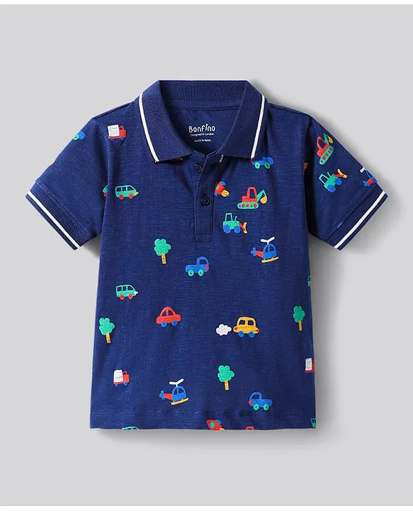 100% Cotton Knit Half Sleeves Polo T-Shirt & Shorts Set with Car Print - Navy Blue & Offwhite