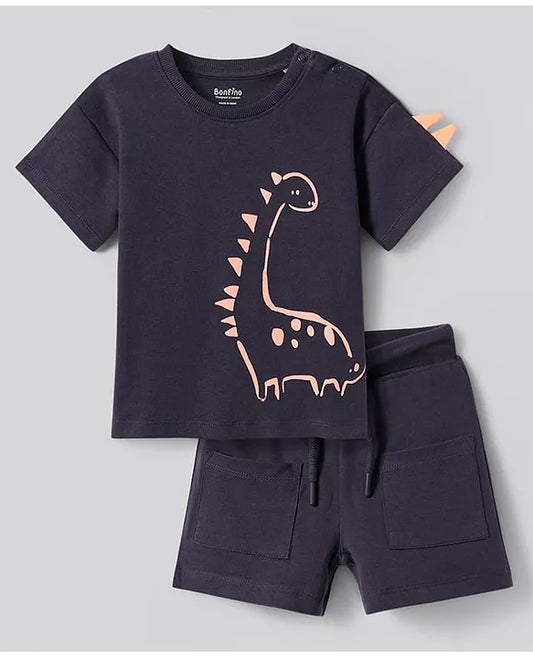 100% Cotton Knit Half Sleeves Dinosaur Printed T-Shirt & Shorts Set
