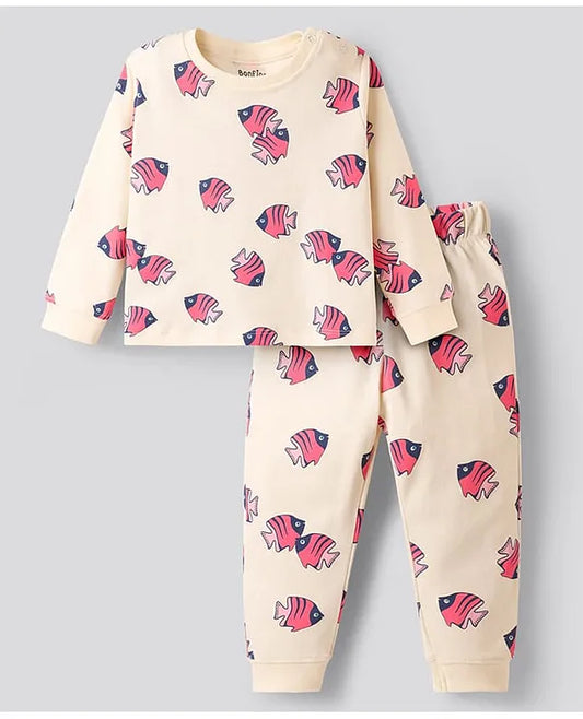 100% Cotton Knit Full Sleeves Co-ords Night Suit with Fish Print - Beige