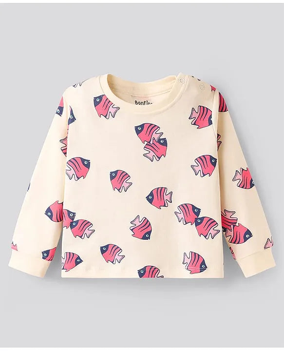100% Cotton Knit Full Sleeves Co-ords Night Suit with Fish Print - Beige