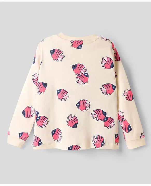 100% Cotton Knit Full Sleeves Co-ords Night Suit with Fish Print - Beige