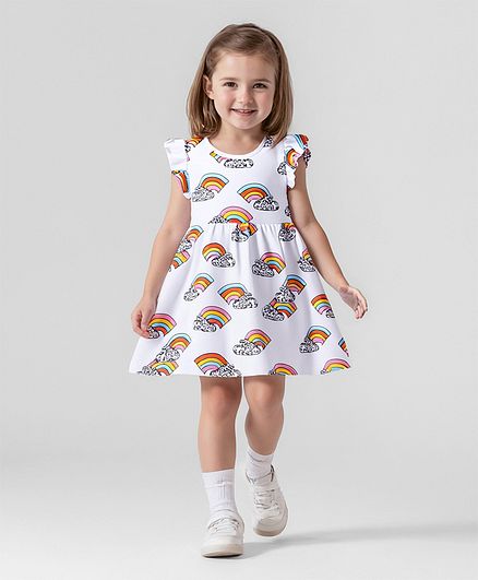 Cotton Dress With Rainbow Print and Frills - White