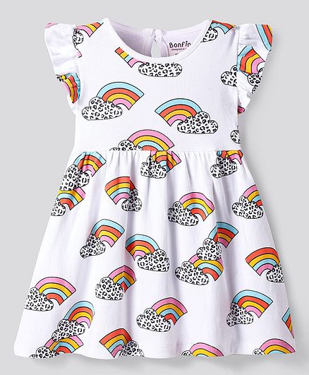 Cotton Dress With Rainbow Print and Frills - White