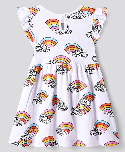 Cotton Dress With Rainbow Print and Frills - White
