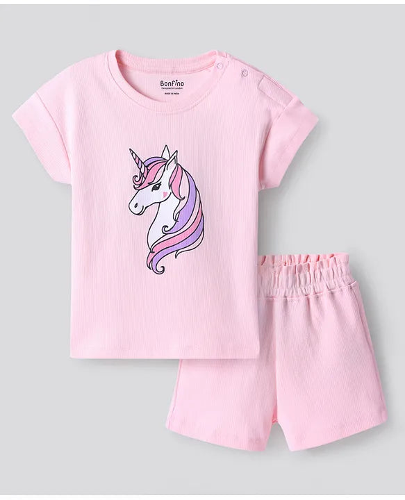 100% Cotton Knit Short Sleeves Unicorn Printed T-Shirt and Shorts Set - Pink
