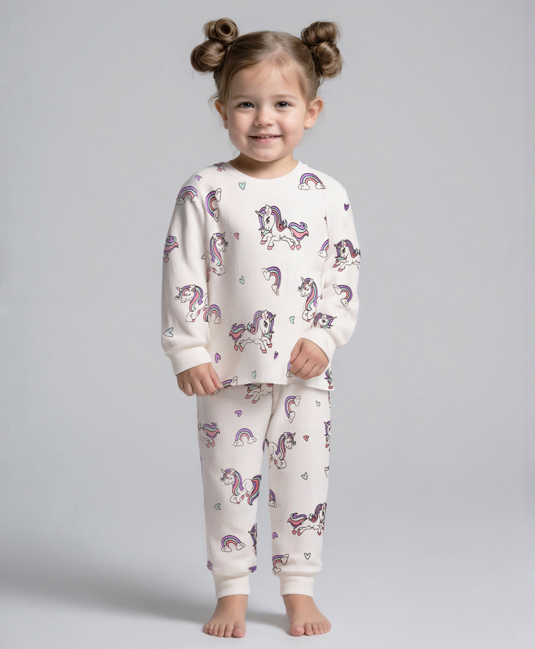 100% Cotton Knit Full Sleeves Co-ords Night Suit with Unicorn Print - White