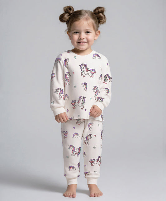 100% Cotton Knit Full Sleeves Co-ords Night Suit with Unicorn Print - White