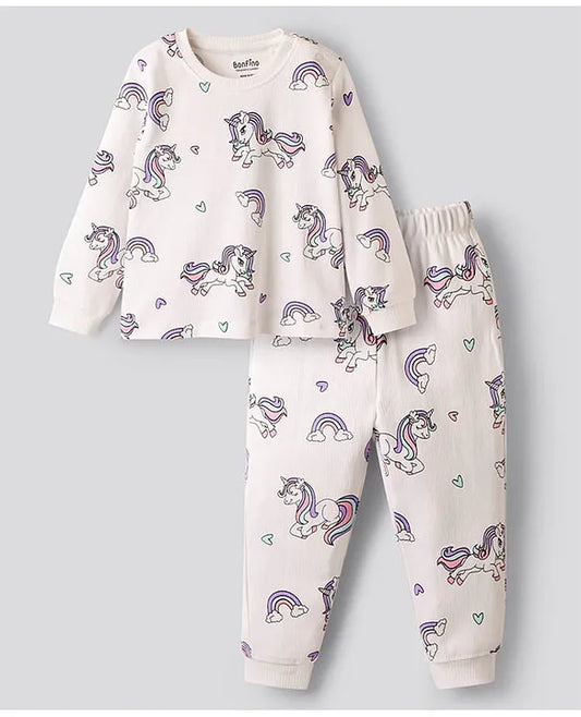 100% Cotton Knit Full Sleeves Co-ords Night Suit with Unicorn Print - White