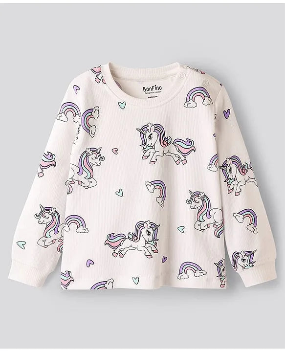 100% Cotton Knit Full Sleeves Co-ords Night Suit with Unicorn Print - White
