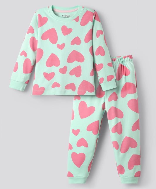 100% soft cotton - Heart Printed Pajama Set - Mint
