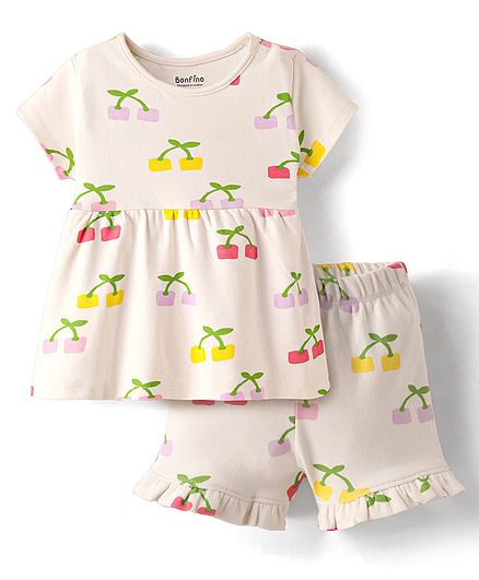 100% Cotton Cherries Printed T-Shirt and Shorts Set - Multicolor