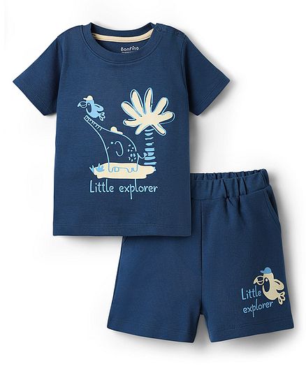 100% Cotton Little Explorer Elephant T-Shirt and Shorts Set - Navy