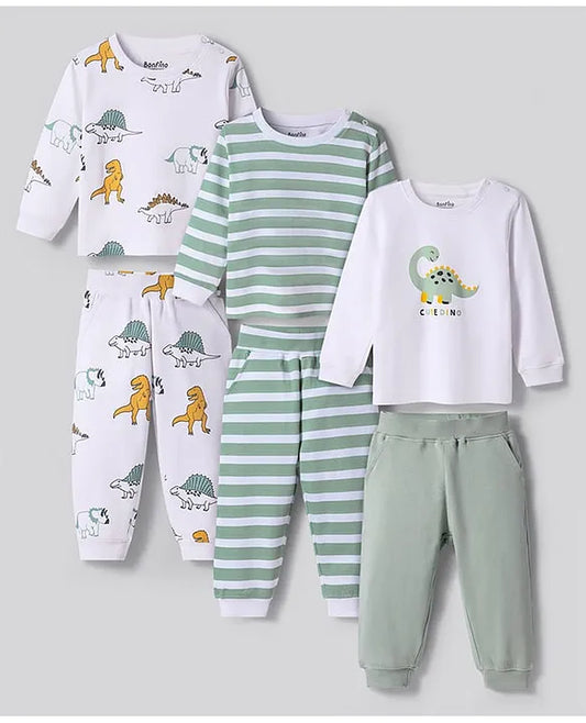 100% Cotton Knit Full Sleeves Night Suits With Stripes & Dino Print Pack Of 3 - Mint & White