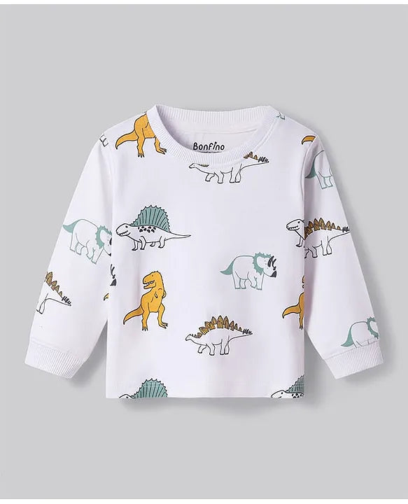 100% Cotton Knit Full Sleeves Night Suits With Stripes & Dino Print Pack Of 3 - Mint & White