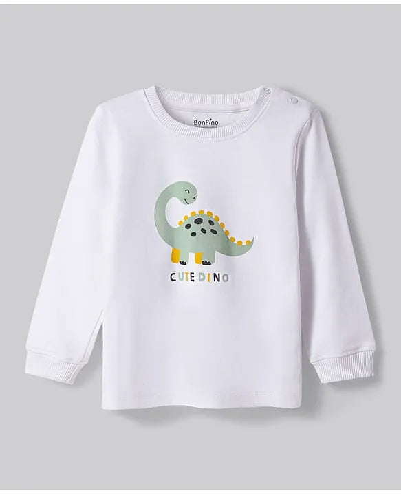 100% Cotton Knit Full Sleeves Night Suits With Stripes & Dino Print Pack Of 3 - Mint & White