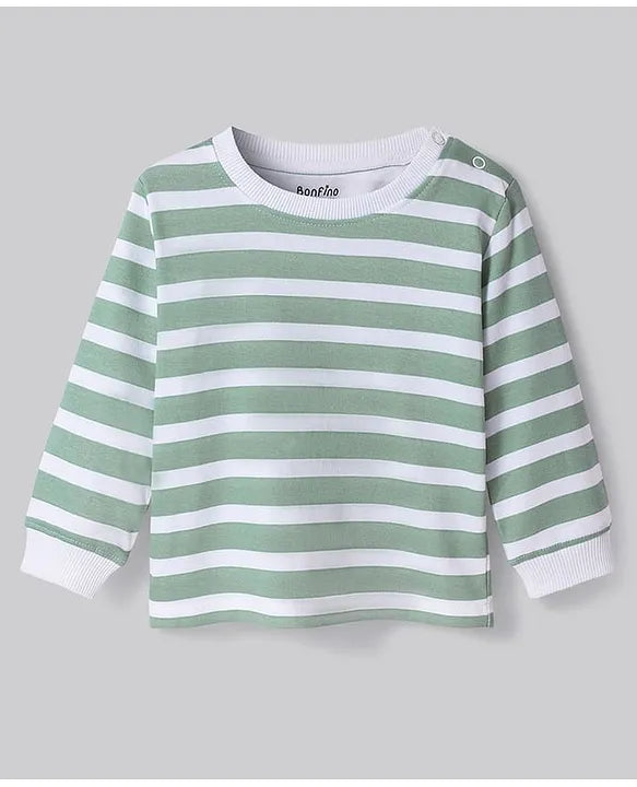 100% Cotton Knit Full Sleeves Night Suits With Stripes & Dino Print Pack Of 3 - Mint & White