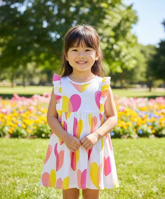 100% Cotton All Over Printed Sleeveless Dress with pink and yellow hearts- White/Pink