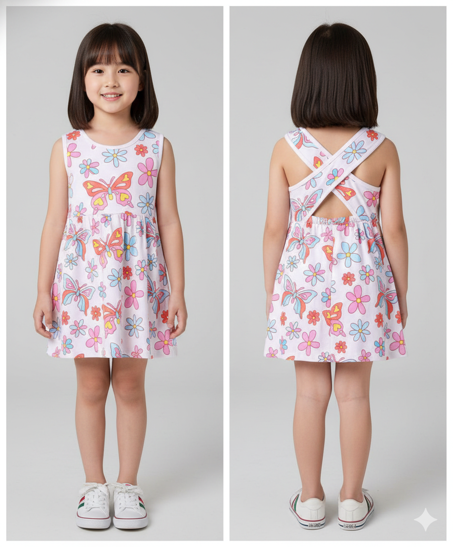 100% Cotton Knit Sleeveless Dress with Floral & Butterfly Print - Multicolor