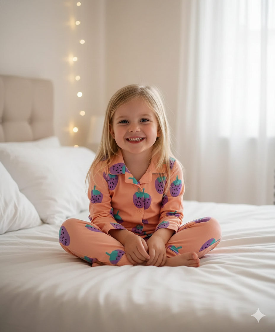 Strawberries Printed Night Suit - Peach (100% Cotton)