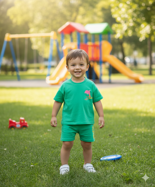 Cotton Knit Half Sleeves T-Shirt & Shorts Set With Sea Life Text Print - Light Green