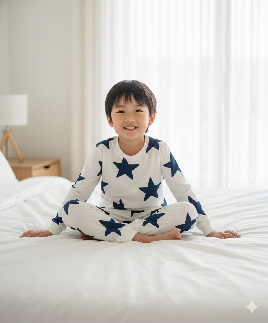 100% Cotton Knit Full Sleeves Night Suit with Star Print - White