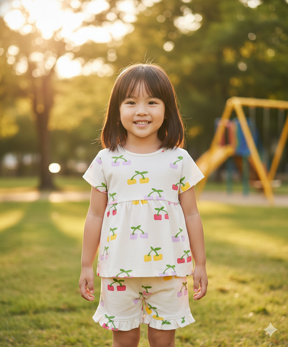 100% Cotton Cherries Printed T-Shirt and Shorts Set - Multicolor