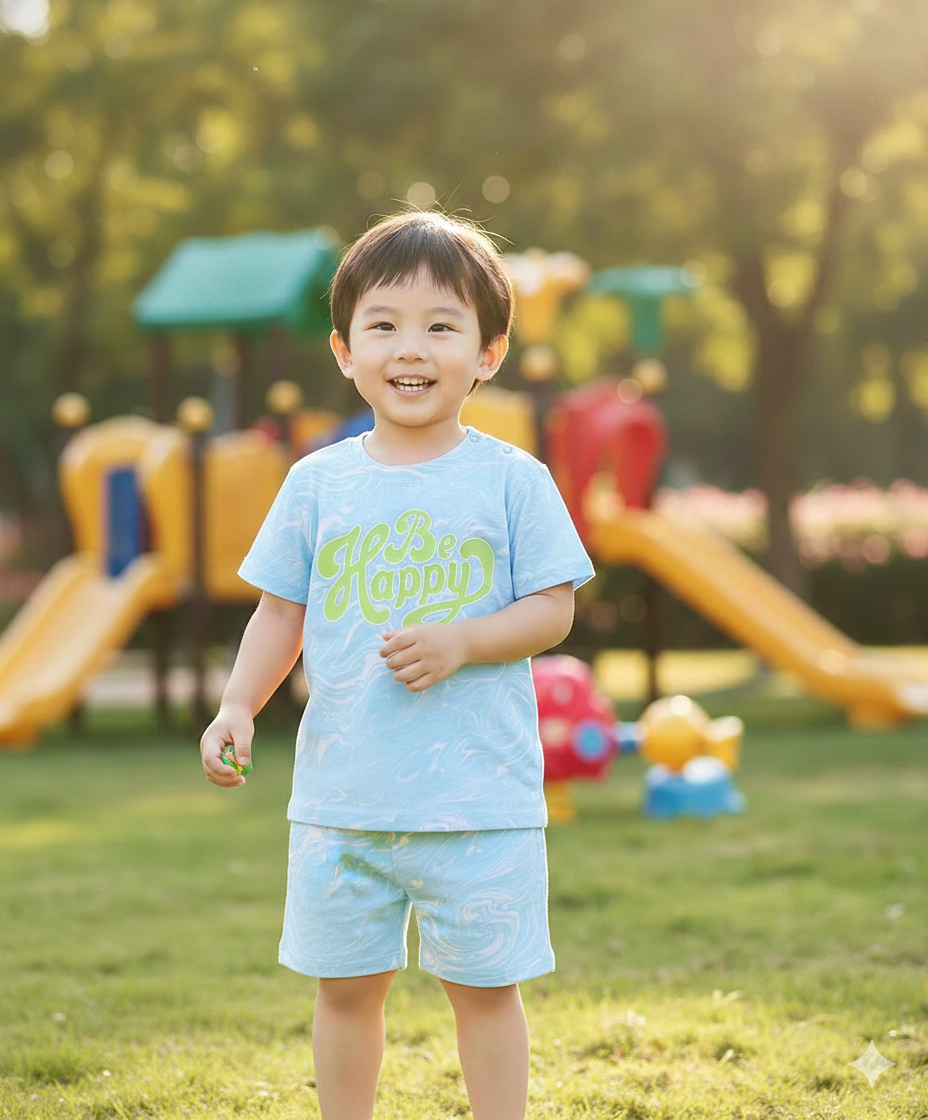 100% Cotton Knit Half Sleeves Text Printed T-Shirt & Shorts Set - Blue