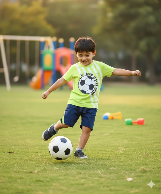 Cotton Knit Half Sleeves T-Shirt & Shorts Set With Soccer Ball Embroidery - Green & Blue