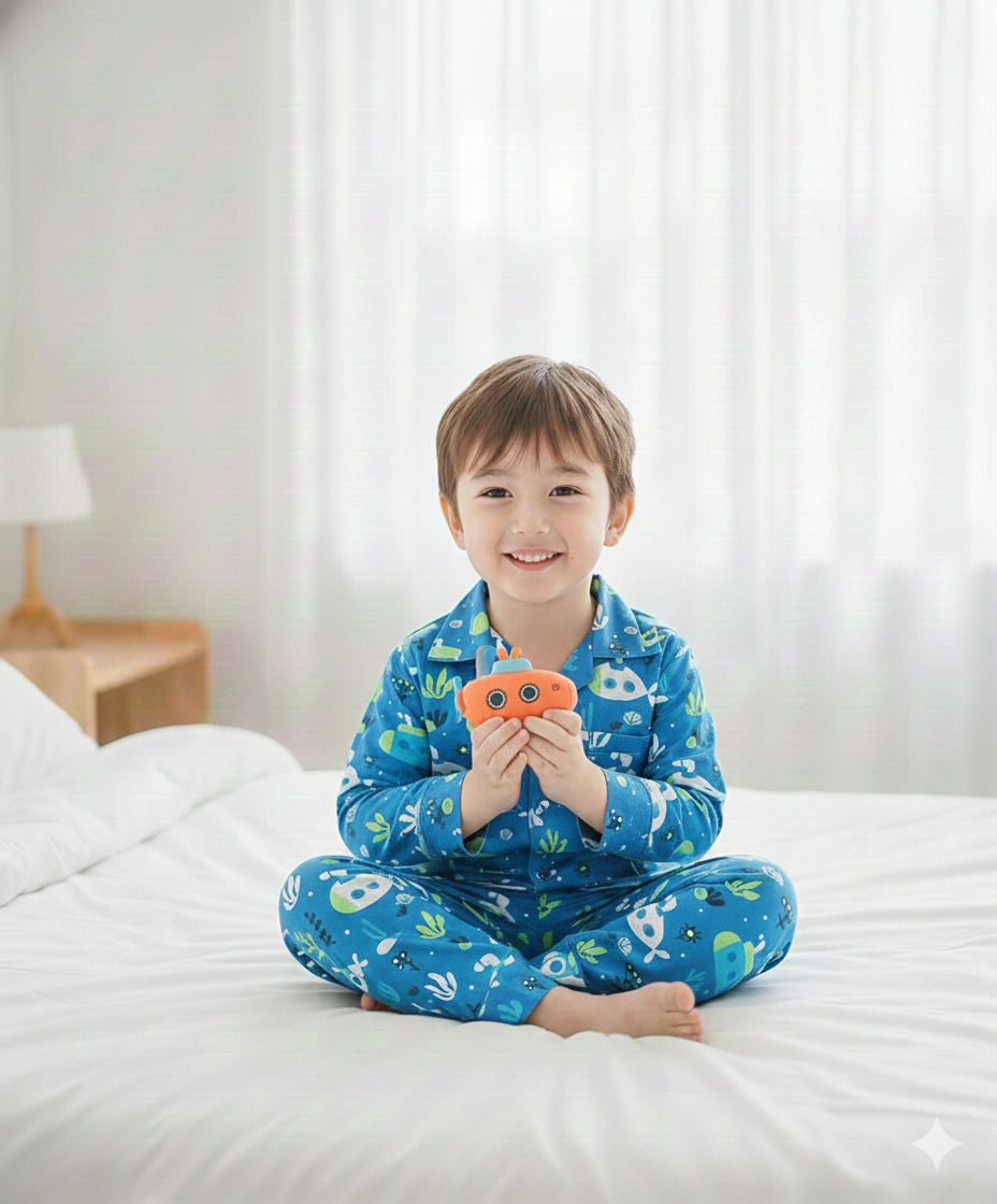 Cotton Woven Full Sleeves Front Open Night Suit With Sea Life Print - Blue