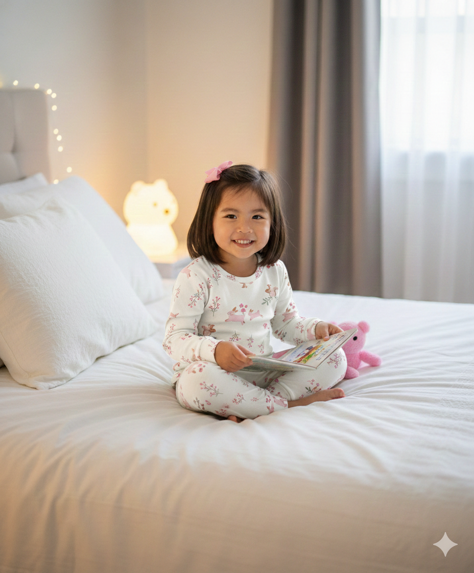 100% Cotton Rib Fabric Full Sleeves Frill Detailed Bunny & Floral Printed Top & Leggings Set -Off Wite