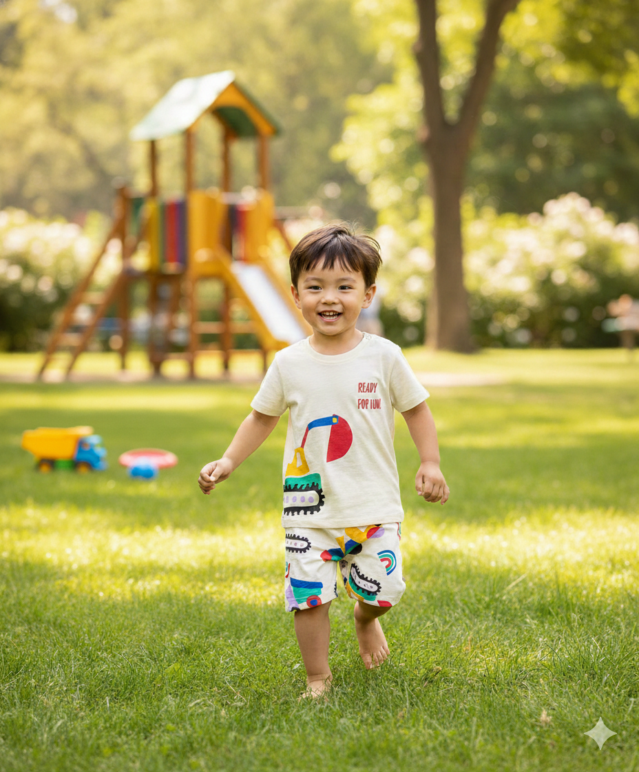 100% Cotton Printed T-Shirt and Shorts Set with Crane print - Off White