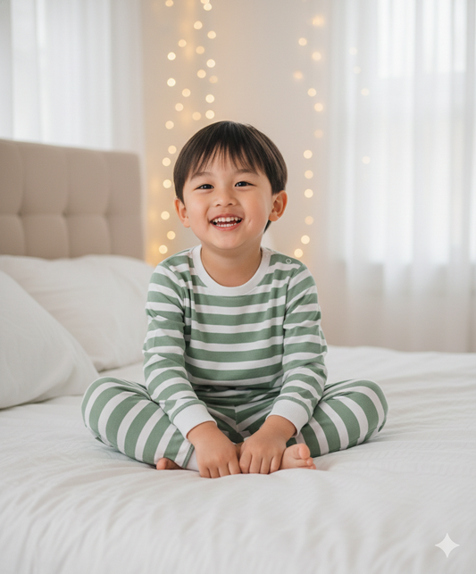 100% Cotton Knit Full Sleeves Night Suit Stripes Print - White and Mint