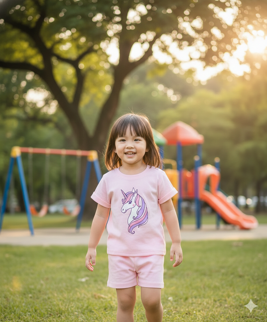 100% Cotton Knit Short Sleeves Unicorn Printed T-Shirt and Shorts Set - Pink