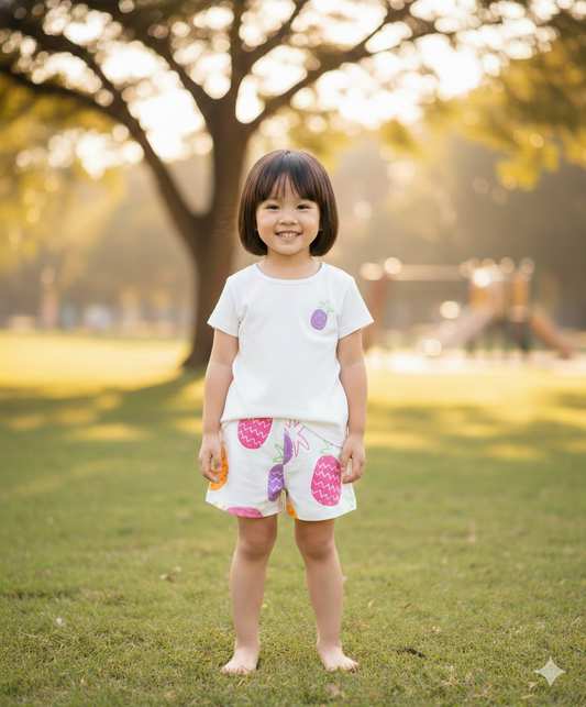 100% Cotton Half Sleeves Shorts Night Suit With Tropical Print Pack Of 2 - Light Pink & White