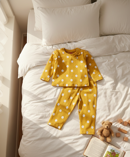 Cotton Knit Full Sleeves Night Suit with Polka Dots Print & Bow Detailing